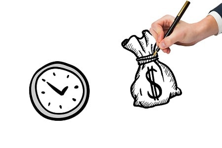 digital composite of hand drawing money bag and clock